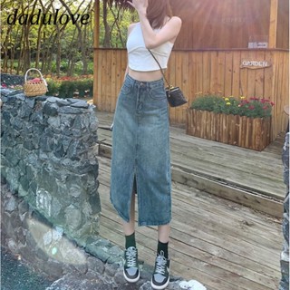 DaDulove💕 New Korean Version of INS Retro Blue WOMENS Denim Skirt High Waist Slit Skirt A- Line Mid-length Skirt