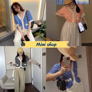 Mini shop🌸พร้อมส่ง🌸(A517) เสื้อไหมพรมแขนสั้น ดีเทลถักไหมพรมลายทางคิ้วมากก