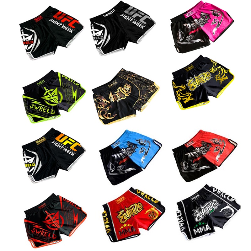 ใหม่ กางเกงชกมวย + กางเกงขาสั้นมวยไทย + กางเกงมวยไทย MMA Combat Fighting Fitness & UFC Competition สําหรับผู้ชาย และผู้หญิง
