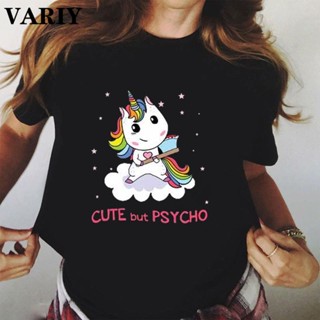 【HOT】น่ารักแต่ Psycho Unicorn Graphic เสื้อยืดผู้หญิงความงาม Harajuku สุภาพสตรี Tops Streetwear