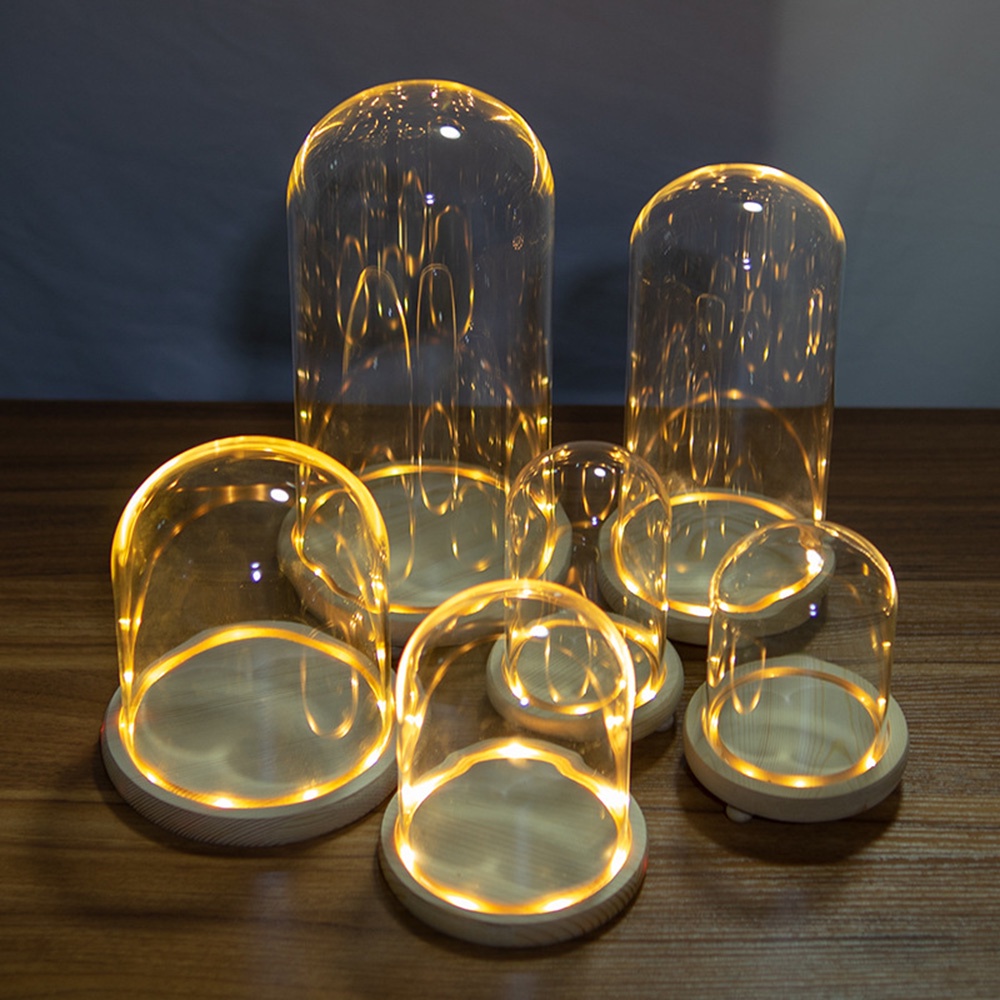 แก้วใสโดม Cloche ไม้ไฟ LED ฐานแก้วแสดง Bell Jar เครื่องประดับแจกัน Terrarium คอนเทนเนอร์ดอกไม้ผู้ถือ