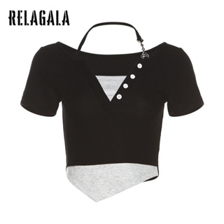 Relagala ใหม่ เสื้อยืดลําลอง แขนสั้น คอวี เข้ารูป สีพื้น แฟชั่นสําหรับสตรี 2023