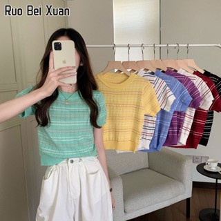 RUO BEI XUAN เสื้อยืดคอกลมแขนสั้นลายทาง 8 สีสำหรับผู้หญิง