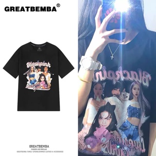 KPOP BLACKPINK เดียวกันผ้าฝ้ายเสื้อยืดสำหรับผู้ชายและผู้หญิงขนาดบวก Street Hip-Hop หลวมแขนสั้น TOP Harajuku 2022 ใหม่สไต