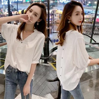 เสื้อชีฟอง คอวี แขนกระดิ่ง 3/4 ลําลอง สีพื้น ติดกระดุมด้านหลัง สําหรับผู้หญิง
