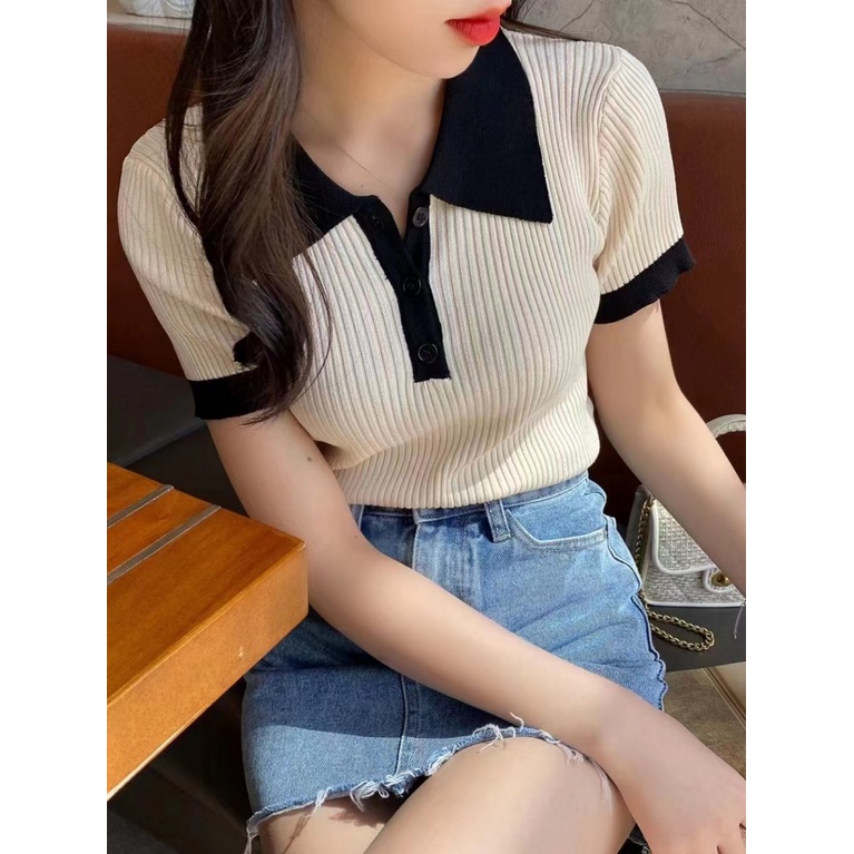 เสื้อโปโลแขนสั้น ผ้าถัก คอปก ทรงสลิมฟิต สีตัดกัน แฟชั่นฤดูใบไม้ผลิ และฤดูร้อน สําหรับผู้หญิง U7SX