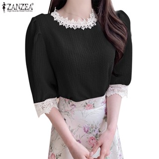 Zanzea เสื้อเชิ้ตลําลอง คอกลม แขนห้าส่วน แต่งลูกไม้ถักโครเชต์ หรูหรา สําหรับผู้หญิง