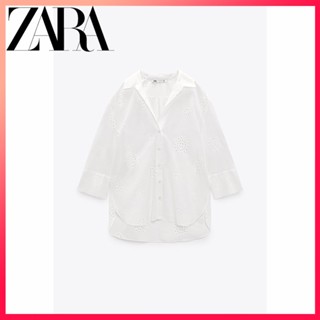 Zara ใหม่ เสื้อเชิ้ต ปักลายกลวง สีขาว สําหรับผู้หญิง