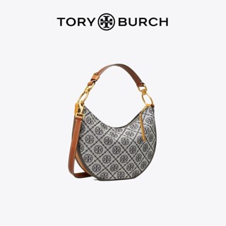 Tory Burch TMONOGRAM Jacquard Crescent กระเป๋าสะพายไหล่ แฟชั่นสําหรับสตรี สีฟ้า เหมาะกับการพกพาเดินทาง