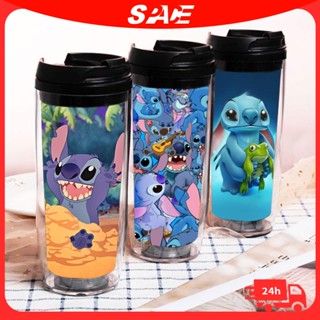 แก้วน้ําพลาสติก มีหลอดดูด ลายการ์ตูน Stitch น่ารัก สําหรับใส่กาแฟ ชา นม