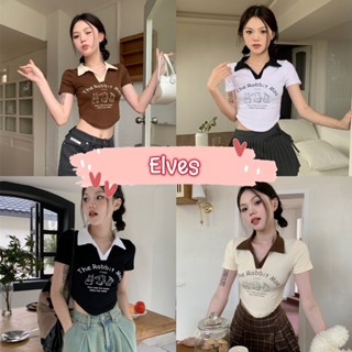 Elves✨พร้อมส่ง✨ เสื้อไหมพรมแขนสั้นคอปก เสื้อลายกระต่ายคิ้วมาก 4สี ~M1917~ -C