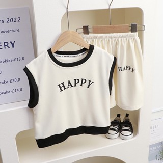 พร้อมส่ง ชุดเซ็ตเสื้อผ้าเด็ก ชุดเด็ก แขนกุด+กางเกงขาสั้น ลายHappy