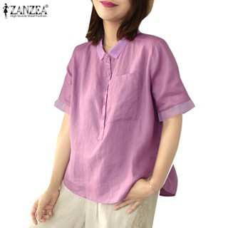 Zanzea เสื้อเชิ้ตแขนสั้น คอปก สีพื้น สไตล์เกาหลี สําหรับผู้หญิง