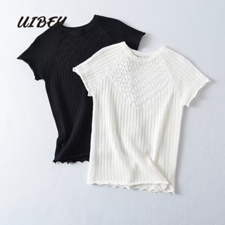 Uibey เสื้อถักนิตติ้ง คอกลม แต่งแถบผ้าแจ็คการ์ด 66168