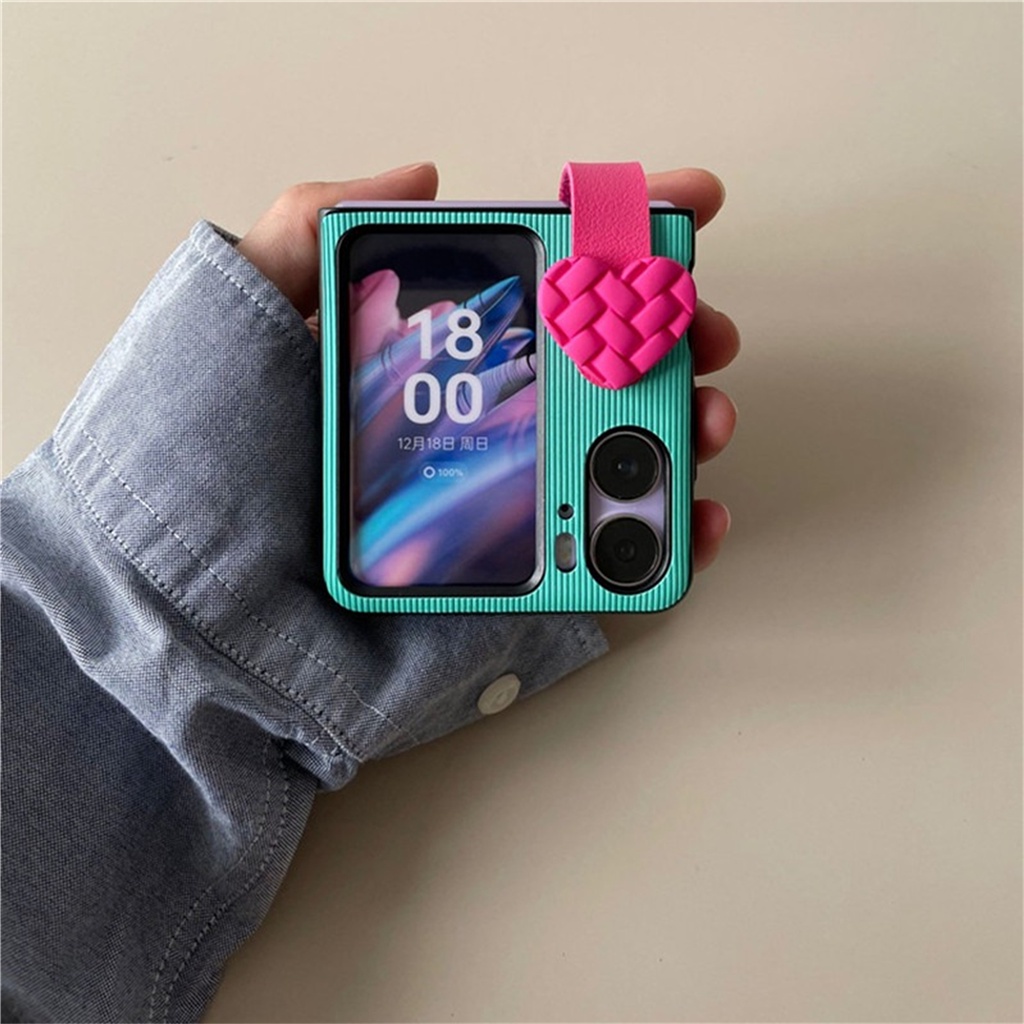 เคสโทรศัพท์มือถือ แบบฝาพับ กันกระแทก ลายหัวใจ พร้อมสายคล้องมือ สีพื้น สไตล์เกาหลี สําหรับ OPPO Find N2 Flip findn2 Flip Find N3