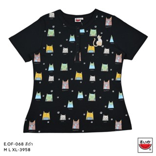 แตงโม (SUIKA) - เสื้อยืดคอกลมเจาะสาบแขนสั้น ลายลายน้องแม้ว E.OF-068