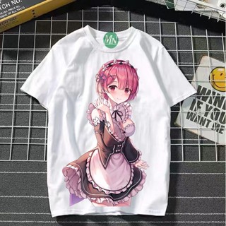 Re:Zero เสื้อยืดอนิเมะ Rem และ Ram เสื้อยืดพิมพ์ลายผู้ชายและผู้หญิงผ้าฝ้าย ลายสกรีนคมชัด