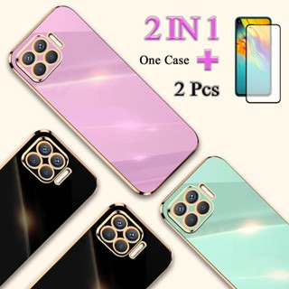 2 IN 1 OPPO F17 Pro OPPO A93 OPPO Reno 4 Lite ขอบทอง ชุบ เคส พร้อมกระจกนิรภัยโค้ง เซรามิก ป้องกันหน้าจอ