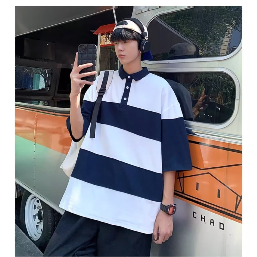 เสื้อโปโล แขนสั้น ลายทาง ทรงหลวม พลัสไซซ์ สไตล์เกาหลี สําหรับผู้ชาย ไซซ์ M-5XL
