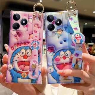 พร้อมส่ง เคสป้องกันโทรศัพท์มือถือซิลิโคน แบบนิ่ม ลายการ์ตูนโดราเอมอน 3D ประดับเพชรเทียม มีสายคล้อง สําหรับ Realme C53 C55 NFC 4G