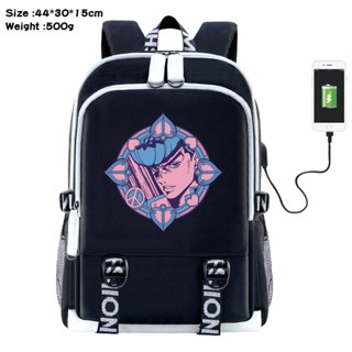 กระเป๋าเป้สะพายหลัง ผ้าแคนวาส พิมพ์ลายการ์ตูน JoJos Bizarre Adventure จุของได้เยอะ ชาร์จ Usb สีดํา สําหรับเด็กนักเรียนผู้ชาย และผู้หญิง