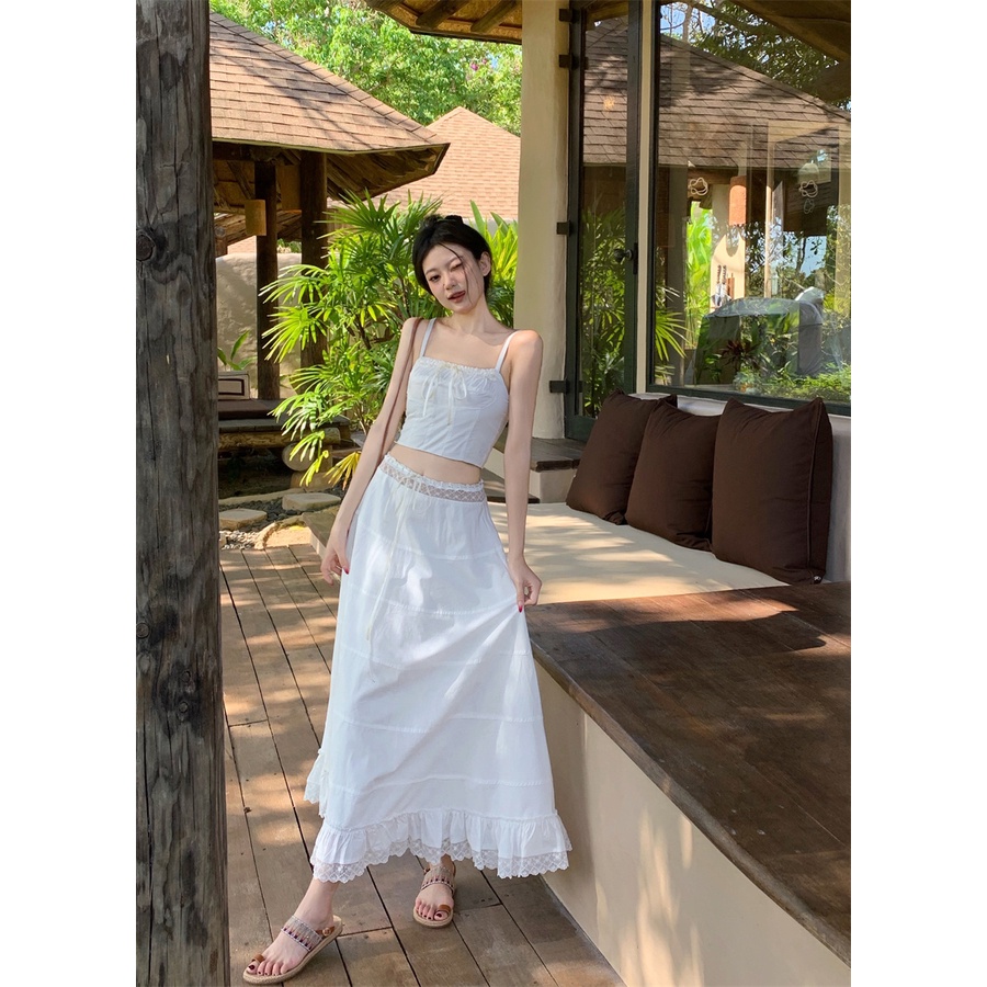 Liasynn [ชุดสายเดี่ยว กระโปรงยาว และกระโปรง 2 ชิ้น] ชุดกระโปรงยาว เอวสูง เข้ารูป เหมาะกับฤดูร้อน 2 ชิ้น