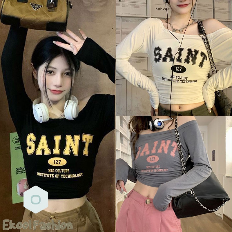 เสื้อครอปเเขนยาวมินิมอล เสื้อแฟชั่นผู้หญิง y2k สีพื้น