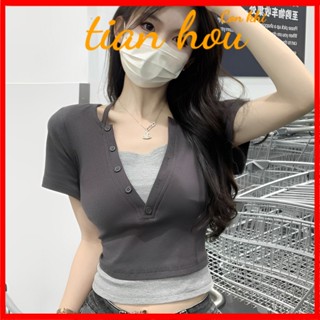 พร้อมส่ง เสื้อยืดแขนสั้น คอวี เข้ารูป สไตล์เกาหลี แฟชั่นฤดูร้อน สําหรับผู้หญิง สองชิ้น