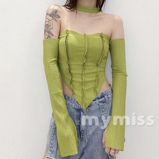 Mymiss1- เสื้อครอปท็อปแขนยาว เปิดไหล่ สีพื้น สําหรับผู้หญิง