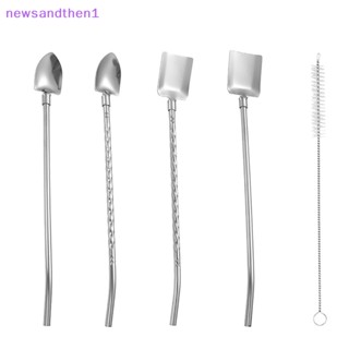 Newsandthen1 2In1 หลอดดูดเครื่องดื่ม ช้อน สเตนเลส ใช้ซ้ําได้ หลอดดูดค็อกเทล กวน ช้อน นม กาแฟ เครื่องมือกวน ดี