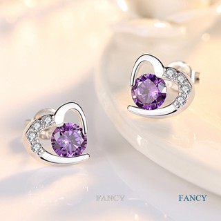 Fancy Cubic Zirconia ต่างหูสตั๊ด ประดับเพชรเทียม รูปหัวใจ สีเงิน