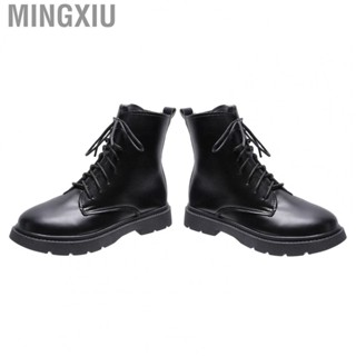 Mingxiu Women Low Boots  Lace Up Design PU Leather Scratch Resistant Comfortable Touch Non Slip Black with Rubber Sole for Daily Wear