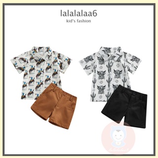 Laa6- เสื้อเชิ้ตแขนสั้น คอปก พิมพ์ลายกระบองเพชร และกางเกงขาสั้น ลําลอง ยืดหยุ่น แฟชั่นฤดูร้อน สําหรับเด็กผู้ชาย