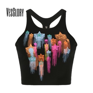 Vesglory เสื้อกล้าม แขนกุด คอยู พิมพ์ลายดาว สีตัดกัน แฟชั่นสําหรับผู้หญิง 2023