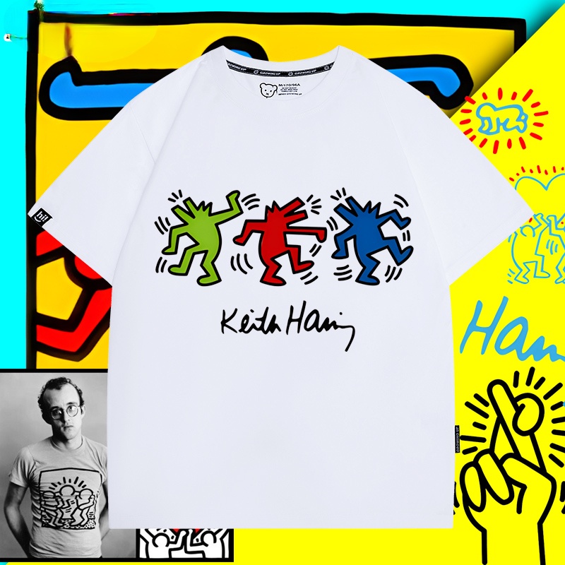เสื้อยืดแขนสั้น ผ้าฝ้าย พิมพ์ลายกราฟฟิติ Keith Haring Co branded Keith Harling สําหรับผู้ชาย และผู้หญิง