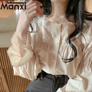 Manxi เสื้อเชิ้ตผู้หญิง เสื้อสาวอวบ สะดวกสบาย  มีความรู้สึกของการออกแบบ A95K0G2