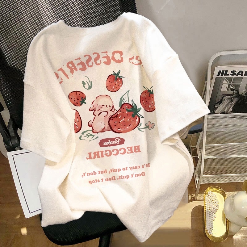 เสื้อยืดแขนสั้น ทรงหลวม ลายสตรอเบอร์รี่ สไตล์เกาหลี เรโทร สําหรับผู้หญิง