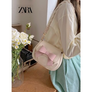 Zara Niche กระเป๋าสะพายไหล่ สะพายข้าง ทรงกลม ขนาดเล็ก ประดับโบว์น่ารัก สําหรับผู้หญิง