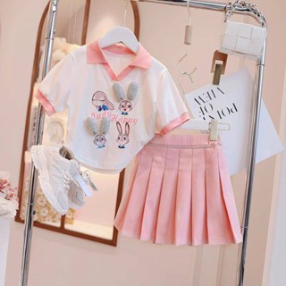 (พร้อมส่ง)  ชุดเด็ก ชุดชมพูขาวปักหูกระต่าย+กางเกง/กระโปรง น่ารักมาก