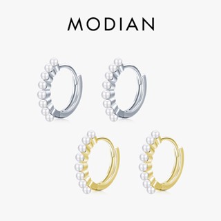 Modian ต่างหูห่วง เงินแท้ 925 100% ประดับมุก สีทอง หรูหรา เครื่องประดับ สําหรับผู้หญิง งานแต่งงาน