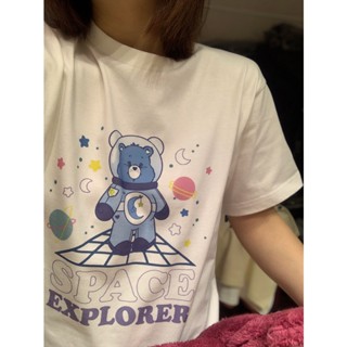 American Retro Care Bears Cartoon Space Bear White and Tender Pu Girlfriends Short Sleeve T-shirt