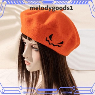 Melodygoods1 หมวกเบเร่ต์ ผ้าวูล ปักลายฟักทอง ให้ความอบอุ่น สีพื้น สไตล์ฝรั่งเศส สําหรับปาร์ตี้ฮาโลวีน