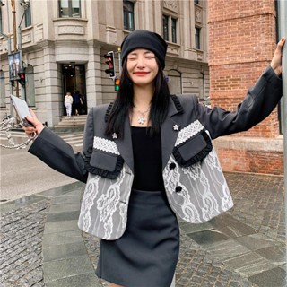 Korean version of lace spliced suit jacket female autumn 2021 new designer style fashion small man suit