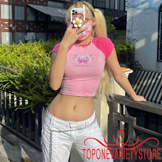 Topone- เสื้อครอปท็อปลําลอง แขนสั้น คอกลม พิมพ์ลายตัวอักษร ผีเสื้อ สําหรับผู้หญิง