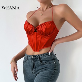 Weania ผู้หญิง เซ็กซี่ ฤดูร้อน ตัดต่ํา เชือกแขวนคอ ผ้าซาติน ครอป เสื้อกล้าม พร้อมกระดูก