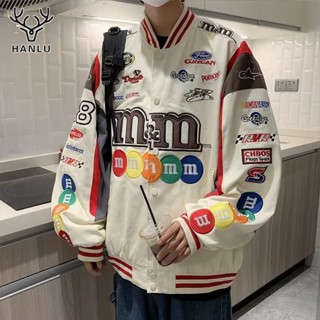 HANLU เสื้อแจ็คเก็ต เสื้อแจ็กเก็ตพิมพ์ลายตัวอักษรแขนยาวสไตล์…