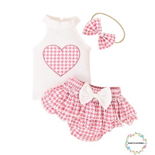 Babyclothes- เสื้อกล้าม แขนกุด ปักลายหัวใจ + กางเกงขาสั้น + ที่คาดผม เสื้อผ้าเด็กทารก 3 ชิ้น