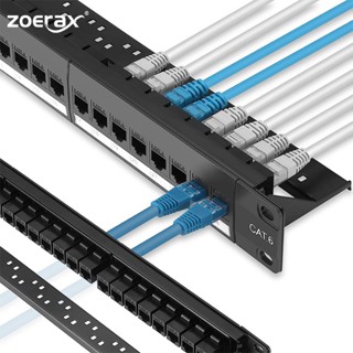 Zoerax แผงแพทช์ 24 พอร์ต Cat6 Cat6a Cat7 พร้อมหินคีย์สโตน 10G RJ45 19 นิ้ว พร้อมบาร์ด้านหลัง ถอดออกได้