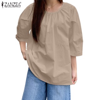 Zanzea เสื้อเบลาส์ลําลอง คอกลม แขน 3/4 สีพื้น สไตล์เกาหลี สําหรับผู้หญิง