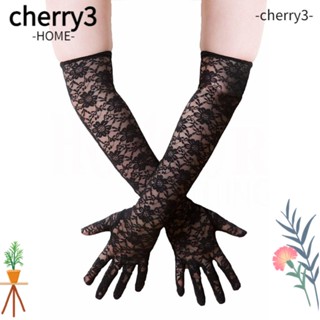 Cherry3 ถุงมือยาว ผ้าตาข่าย พิมพ์ลายดอกกุหลาบ ลูกไม้ เซ็กซี่ สีดํา สําหรับวันฮาโลวีน